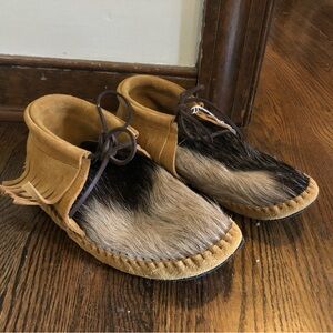 Handmade cow hide and leather fringe moccasins